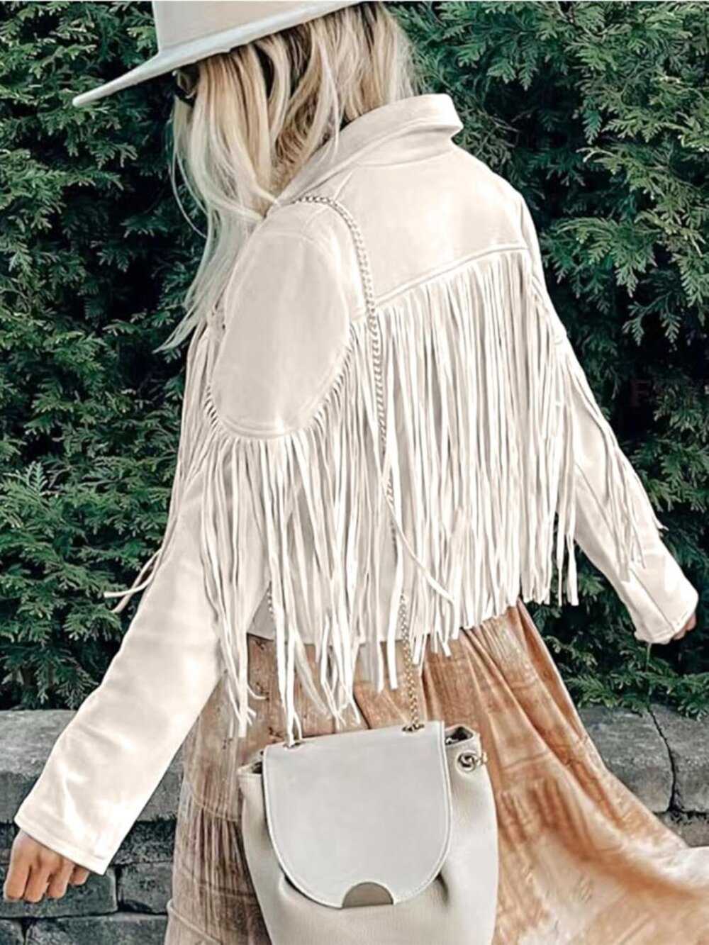 Women's Beige Leather Trendy Western Fringe Cropped Tassel Motorcycle Jackets - Picture 4 of 5